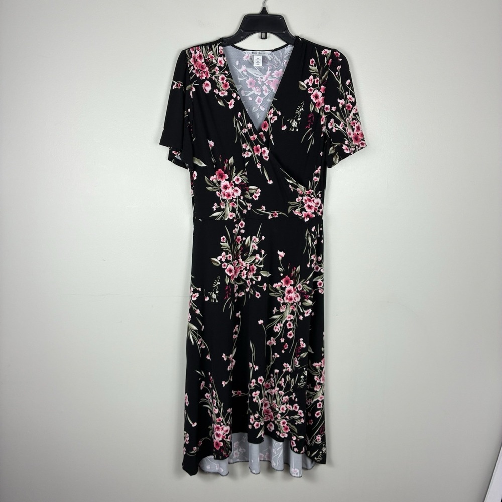 White House BM Dress Faux Wrap Floral Sz 10 Short Sleeve Stretch Work UNHEMMED